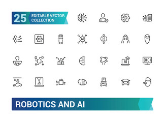 Set of robotics and AI icons. Set with robot and bot technology, artificial intelligence, engineering, automated machinery. Editable stroke.