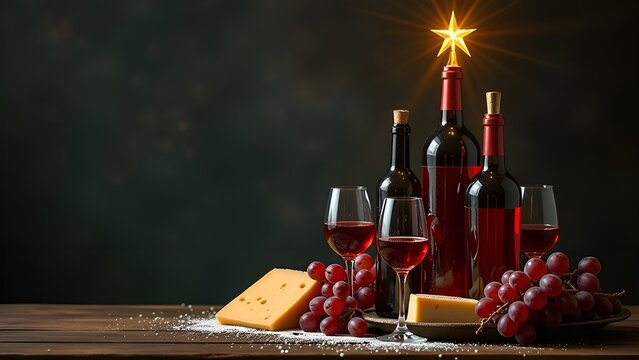 Festive concept of wine and cheese products. Christmas tree made of wine bottles with cheese, red and white grapes, glasses of wine on light brown background.