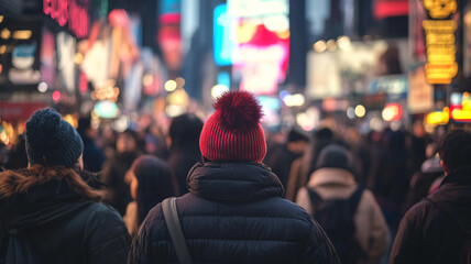 Naklejka premium Crowd celebrating New Year's Eve in Times Square with bright lights and festive atmosphere