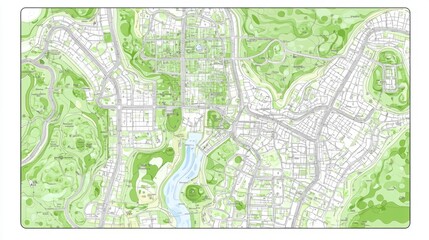 Fototapeta premium A detailed map of a city with green parks and a river.