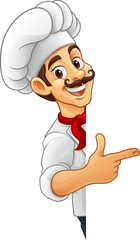A chef, baker or cook cartoon mascot man peeking around a sign and pointing at it.