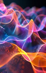 Fototapeta premium Colorful, abstract wave patterns illustrate digital art and sound waves, creating a vibrant, dynamic visual effect against a dark background.