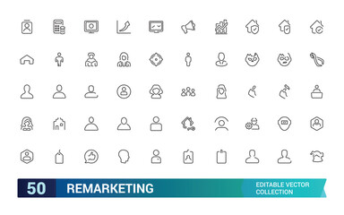 Remarketing icons set in line style. Outline set of advertising and Marketing icons for web design. Editable stroke, Pixel perfect, vector illustration.