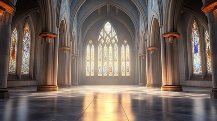 Sunlight Streaming Through Stained Glass Windows in a Cathedral