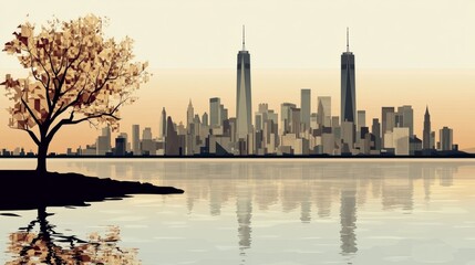 Obraz premium A lone tree stands on the shore of a river with a city skyline in the background.