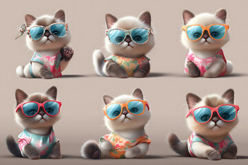 Fototapeta premium Six cute kittens wearing sunglasses and colorful shirts, posing playfully.