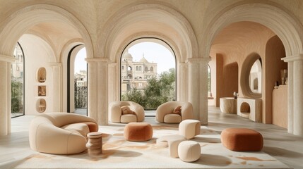 A modern living room with arched windows, plush furniture, and a view of the city.