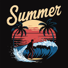 Sunset Surf Adventure: A Vintage Summer Scene, Vector Design