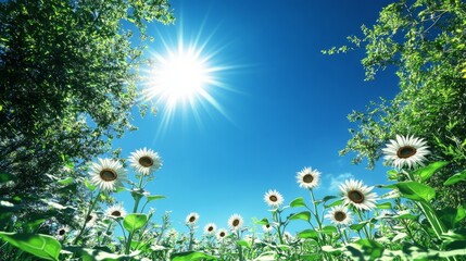 Obraz premium A view of a field of white sunflowers on a sunny day with a bright blue sky.