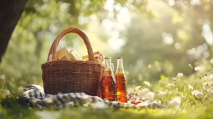 Picnic Basket and Beverages in a Sunny Meadow