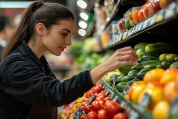 Obraz premium Assistant helping customer at supermarket, Generative AI