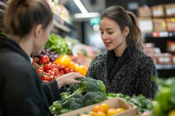 Naklejka premium Assistant helping customer at supermarket, Generative AI