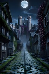 Obraz premium Night scene of a ruined city and broken wooden