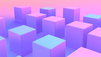Fototapeta premium Abstract 3D geometric shapes in pastel pink and blue gradient background.