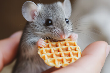 The photo shows an adorable small, gray mouse holding onto a waffle biscuit with both of its tiny paws