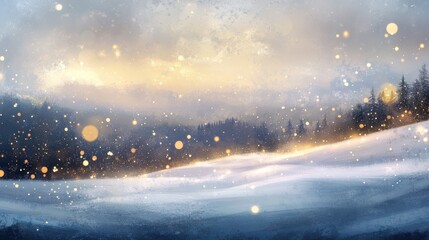 Fototapeta premium Abstract magic winter landscape with snow and golden bokeh lights - Banner, Panorama