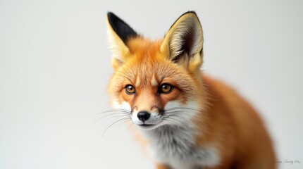 Obraz premium A red fox captured in a close-up portrait, its ears perked and head slightly tilted as if intrigued