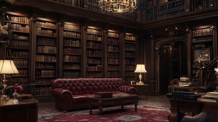 Opulent Library Interior with Rich Wood and Leather