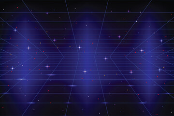 Glowing neon wireframe background. Blue shining checkered grid planes in perspective. Bright retro futuristic horizon wallpaper. Arcade game sci fi matrix surface. © Sumeth