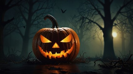 A glowing jack-o-lantern with a menacing grin sits in a dark, spooky forest with bare trees and a full moon in the distance.