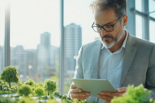 Serious man with tablet in greenhouse research lab. - Powered by Adobe