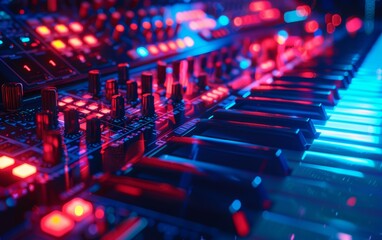 A vibrant, close-up view of a synthesizer, showcasing illuminated keys and knobs in blue and red hues, reflecting its electronic and musical essence.