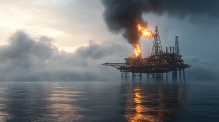 An offshore oil rig emits smoke and flames, highlighting environmental hazards associated with fossil fuel extraction in the ocean.