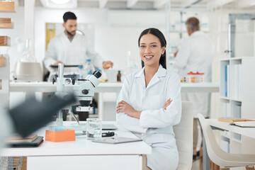 Research, portrait and woman in laboratory with confidence, smile and medical science innovation. Healthcare, happy and scientist at desk with arms crossed, study or pride in pharmaceutical office