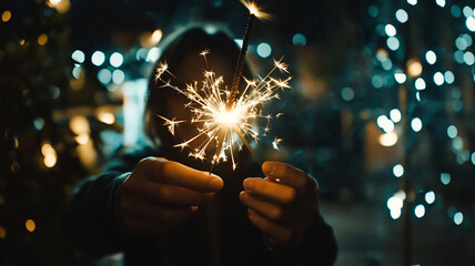 Celebrating New Year's Eve with sparklers and festive lights at midnight gathering