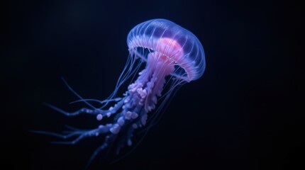 A jellyfish floating in front of a dark studio-lit background, its translucent body glowing under soft light