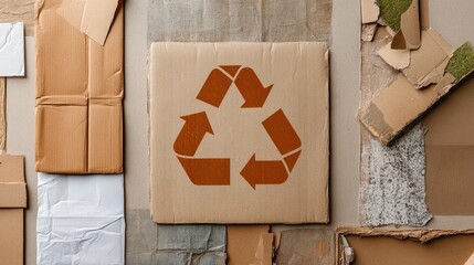 Assorted recyclable paper and cardboard materials with recycling symbol on neutral background