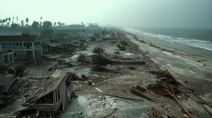 Aerial View of a Coastal Town Devastated by a Hurricane, Featuring Uprooted Trees, Destroyed Homes, and Debris Scattered Across the Beach, with an Overcast Sky Highlighting the Aftermath of the Storm 