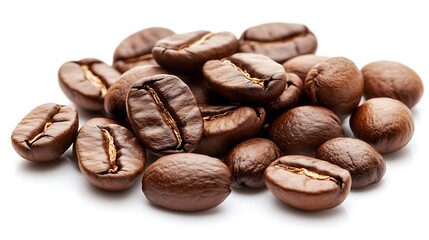 Coffee beans are clustered on a white surface.