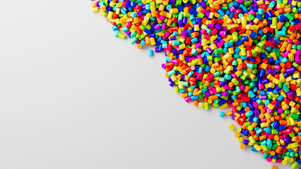 Closeup top view on colorful plastic polypropylene granules heap on white backdrop, masterbatch polymer grain pile. HDPE or PVC resin pellets. 3d render illustration