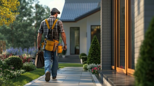 Back of professional handyman or repairman with bag and tools walking into the front door house