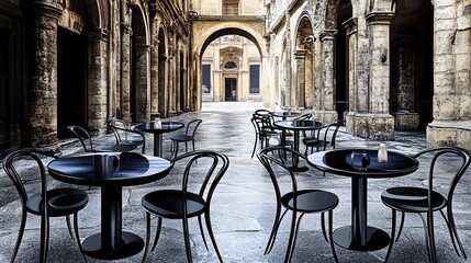 Empty cafe tables and chairs in a narrow, stone alleyway.