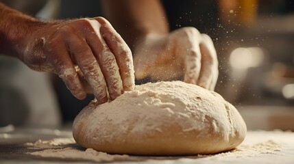 Obraz premium baker hands scoring a loaf of sourdough before placing it in the oven