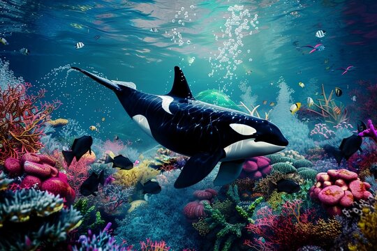an orca whale swims over a colorful coral reef