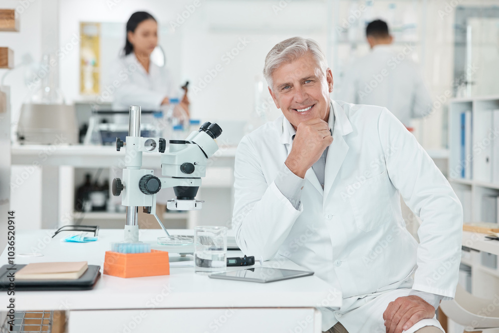 Poster Smile, portrait and mature man in laboratory with confidence, research and medical science innovation. Healthcare, happy and scientist at desk with notes, study or pride in pharmaceutical engineering