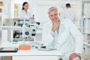 Smile, portrait and mature man in laboratory with confidence, research and medical science innovation. Healthcare, happy and scientist at desk with notes, study or pride in pharmaceutical engineering