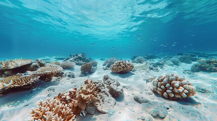 Fototapeta premium an underwater view of rocks and corals in the ocean