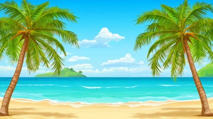 Tropical beach scene with two palm trees on a sandy beach, turquoise ocean and a small island in the distance.