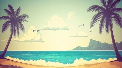 Obraz premium Tropical beach scene with two palm trees, a sandy beach, blue ocean, clouds, and a mountain in the background.