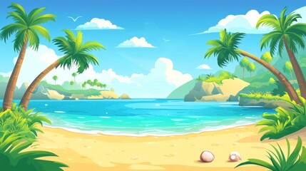 Obraz premium Tropical beach with palm trees, blue sky, and white sand.