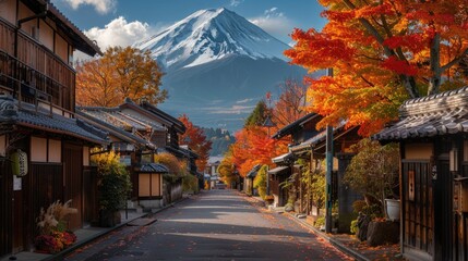 road with colorful maple trees in autumn pass through traditional Japanese village to Fuji mountain at countryside of Japan.	