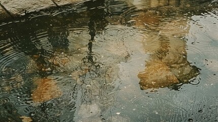 Obraz premium A photograph of a reflection in a puddle with a grainy texture adding a dreamy quality to the waters surface and capturing the essence of a rainy day.