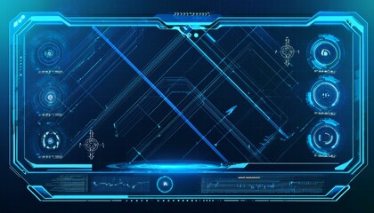 Futuristic HUD Interface:  Cyberpunk-style digital display with glowing blue lines, intricate circuitry, and interactive elements. Perfect for sci-fi projects, game design, and tech presentations. 