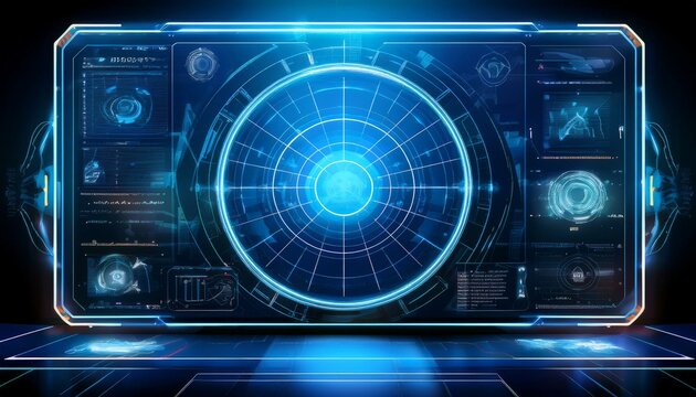 Futuristic Tech Interface:  A captivating close-up of a sleek, futuristic digital interface screen displaying a vibrant blue radar system with intricate data visualizations. Perfect for tech, sci-fi.