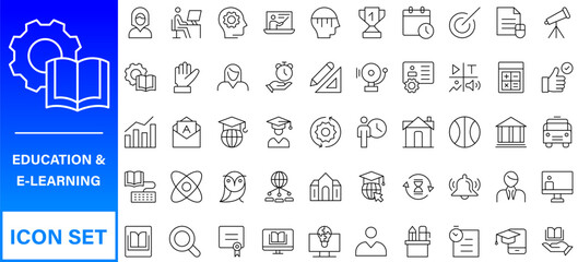 Education line icons collection. Big UI icon set in a flat design. Thin outline icons pack. Thin line icons set of academic subjects and education. Outline symbol collection.