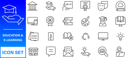 Education line icons collection. Big UI icon set in a flat design. Thin outline icons pack. Thin line icons set of academic subjects and education. Outline symbol collection.